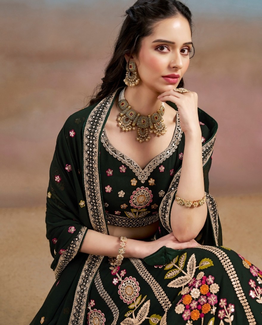 6008-GREEN - Stunning Green Thread Work Georgette Engagement Wear Lehenga With Blouse